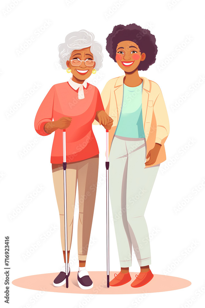 Senior woman, nurse and help with walking stick for rehabilitation, wellness and talk with smile. African caregiver, happy patient and elderly person with disability Senior woman, nurse and help with walking stick for rehabilitation, wellness and talk with smile. African caregiver, happy patient and elderly person with disability