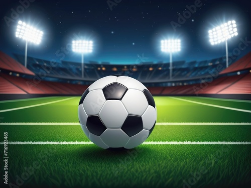 A football resting on the lush grass of a football field, with stadium lights illuminating the scene during the night by ai generated