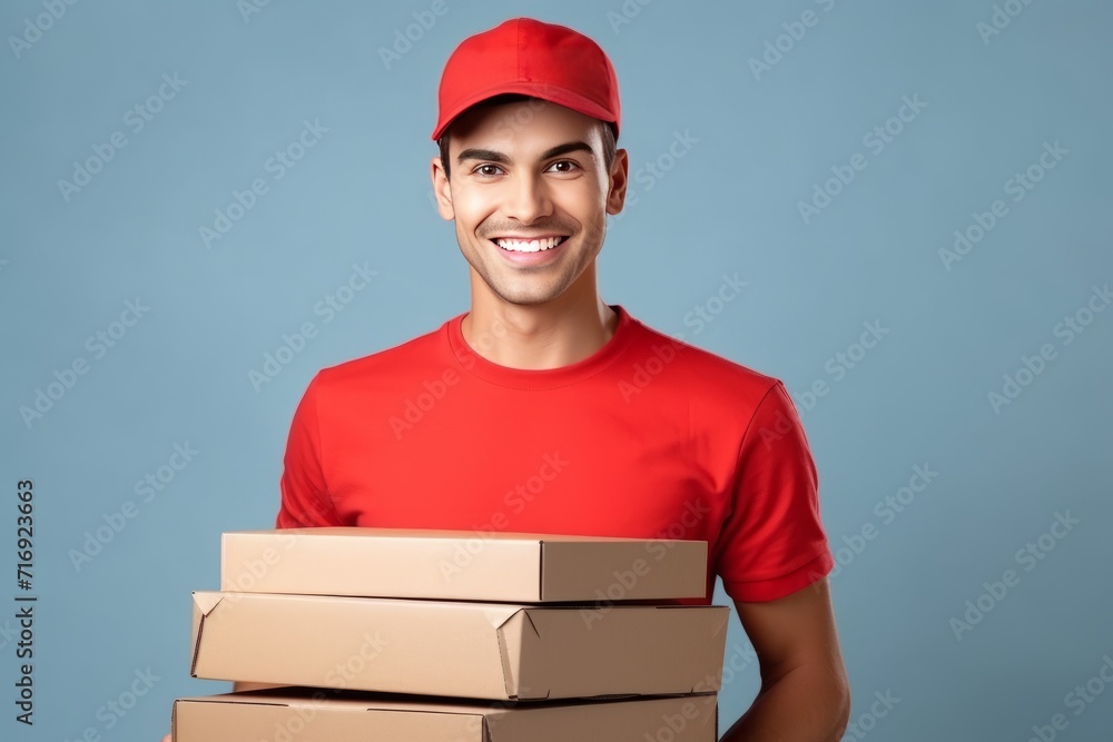 A male deliveryman smiling holding with craft packaging boxex. Express delivery of online purchases and food concept. Studio background. A male deliveryman smiling holding with craft packaging boxex. Express delivery of online purchases and food concept. Studio background.