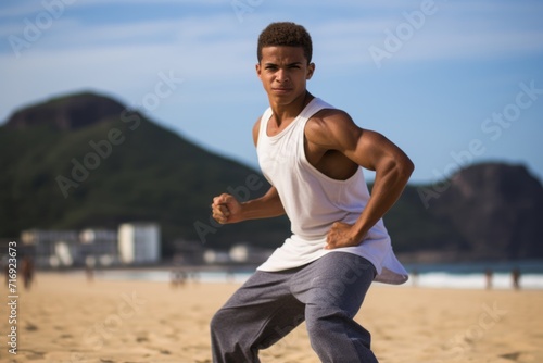 Portrait of a fitness boy in his 20s practicing capoeira on the beach. With generative AI technology