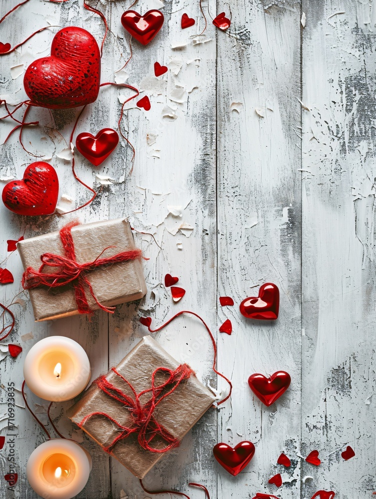 Red heart decorations and lit candles on a white wooden backdrop, symbolizing Valentine's Day. Red heart decorations and lit candles on a white wooden backdrop, symbolizing Valentine's Day.