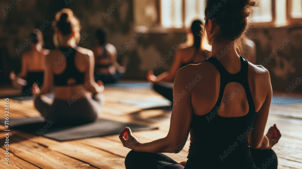 Yoga class in session, with individuals in seated meditation poses on yoga mats Yoga class in session, with individuals in seated meditation poses on yoga mats