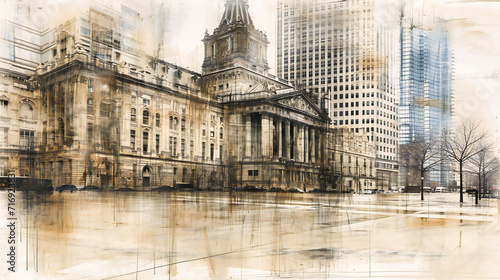 Iconic Business District: Architecture and Streets in a Major City, Symbolizing Finance and History