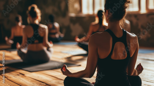 Yoga class in session, with individuals in seated meditation poses on yoga mats