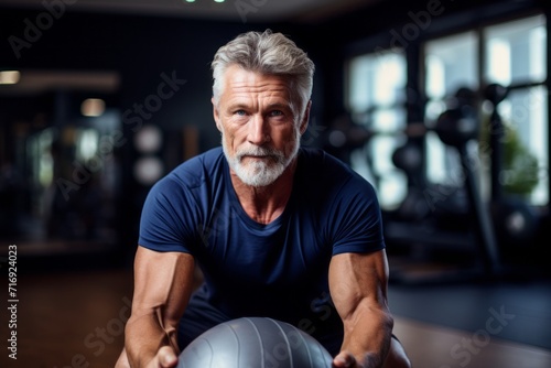Portrait of a handsome mature man doing medicine ball exercises in an empty room. With generative AI technology