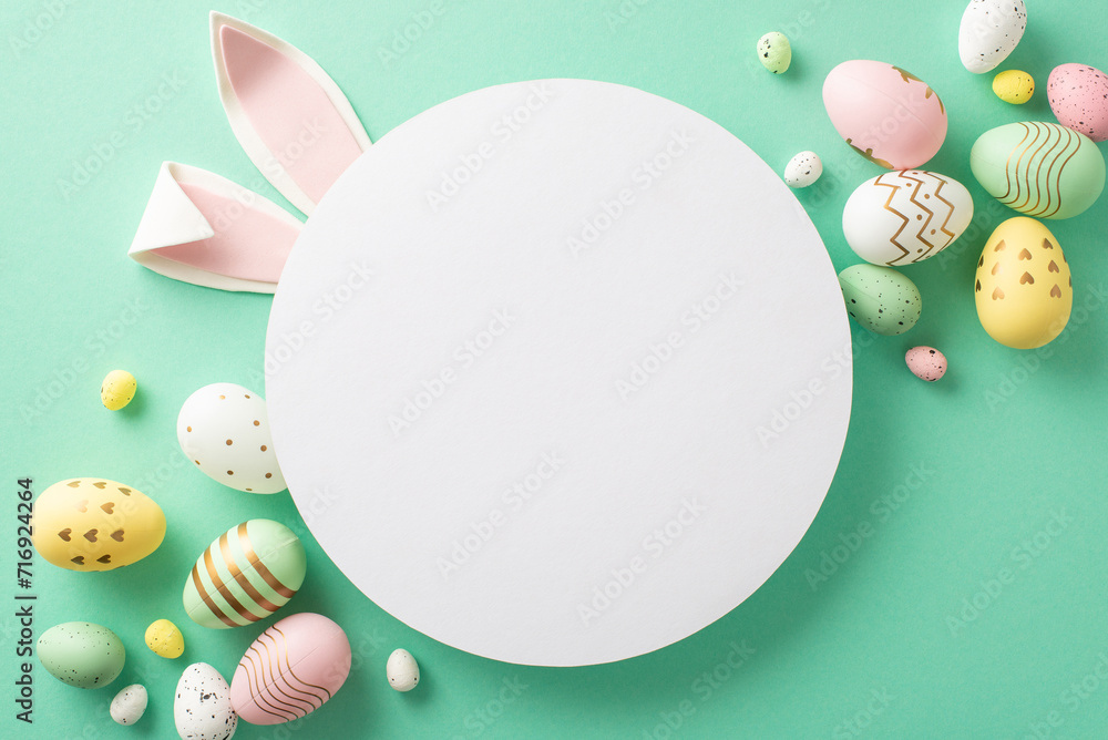Festive joy captured! Overhead shot of vibrant eggs, adorable bunny ears on a teal backdrop, featuring an open space for your message