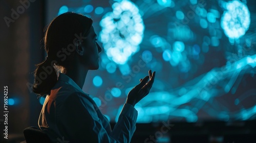 A young woman educator presenting on data science in a dim hall with a projected slideshow featuring AI neural networks. Concept for business startups and education.