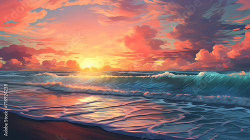 Realistic beach sunset over ocean Oil paint,, A stunning sunset over the calm ocean waters
