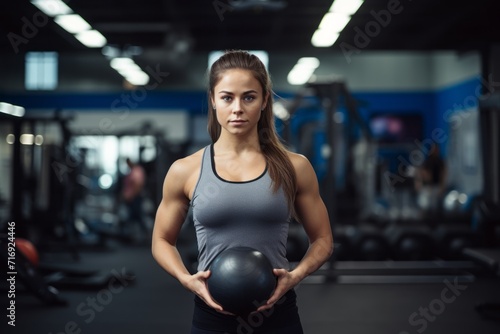 Portrait of a determined girl in her 30s doing medicine ball exercises in a gym. With generative AI technology