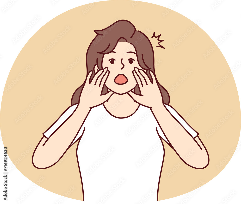 Woman screams loudly using palms instead of gramophone tell important news. Vector image Woman screams loudly using palms instead of gramophone tell important news. Vector image