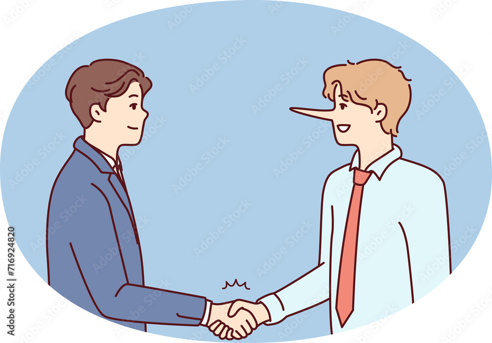 Man with long nose shakes hands with partner in business clothes trying to cheat. Vector image Man with long nose shakes hands with partner in business clothes trying to cheat. Vector image
