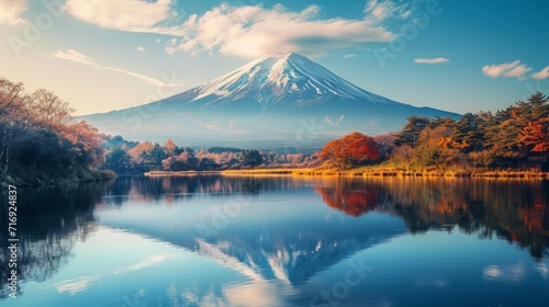 beautiful landscape of Mount Fuji with pink trees and a large clear lake in high resolution