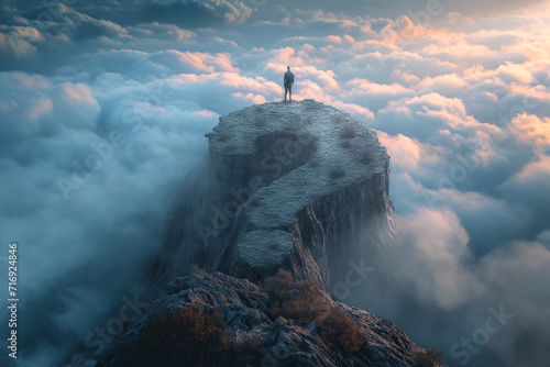 A businessman stands on a mountain, a mountain in the shape of a question mark, around a cloud.
