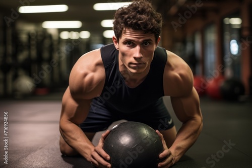Portrait of a drained boy in his 20s doing medicine ball exercises in a gym. With generative AI technology