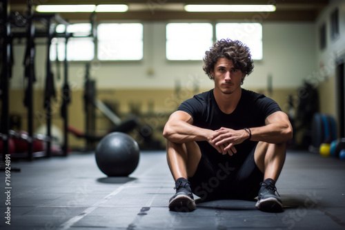 Portrait of a drained boy in his 20s doing medicine ball exercises in a gym. With generative AI technology