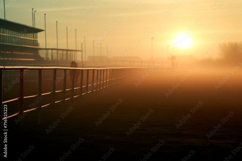 Blurry dawn on racecourse. Generative AI
