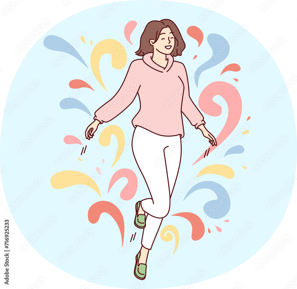 Woman walks in weightlessness and waves arms located among multi-colored drops. Vector image