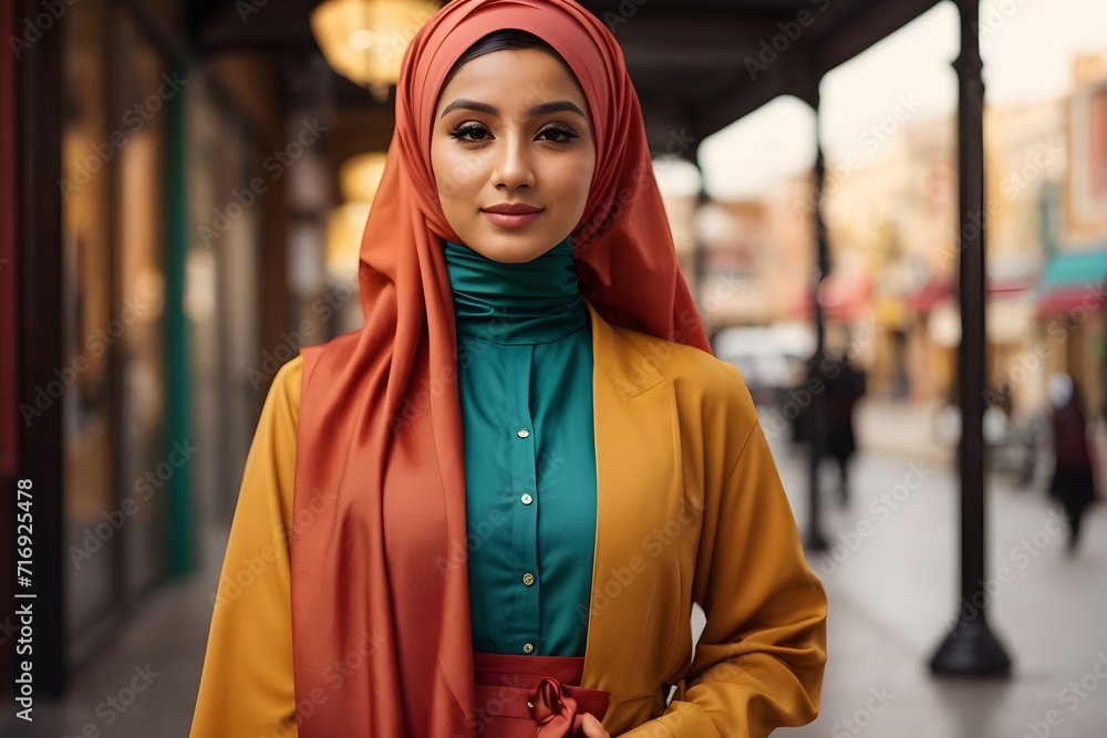 modern colorful stylish outfit photoshoot of a muslim hijab woman in dynamic shot happy and positive for modest trendy arab women fashion as wide banner with copysapce area

