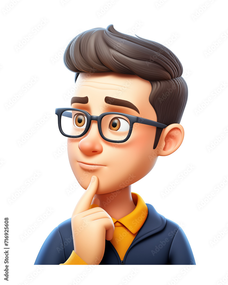 3D closeup portrait of young male in glasses contemplating 3D closeup portrait of young male in glasses contemplating