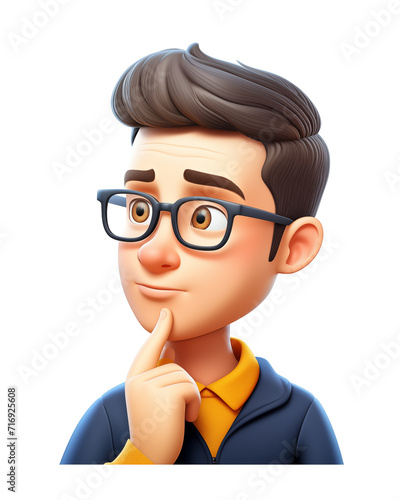 3D closeup portrait of young male in glasses contemplating