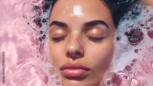 face of a young girl in water on a pink background, skin water balance, hyaluronic acid