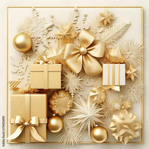 Golden Christmas card. background 3d. gift boxes, Christmas balls. decor