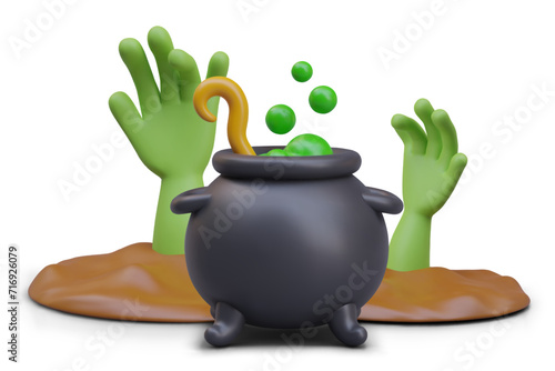 Realistic zombie hand in different positions and black vat with boiling green potion. Composition for Halloween. Vector illustration in 3d style with white background