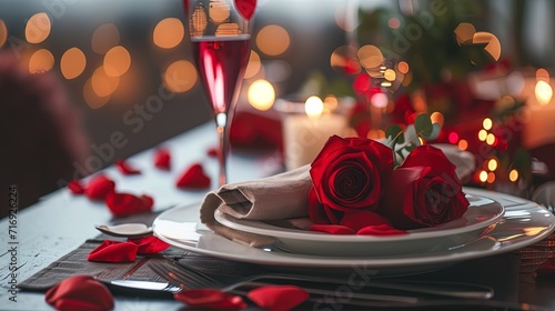 Valentines day table setting with red roses and glasses of champagne, ai generative