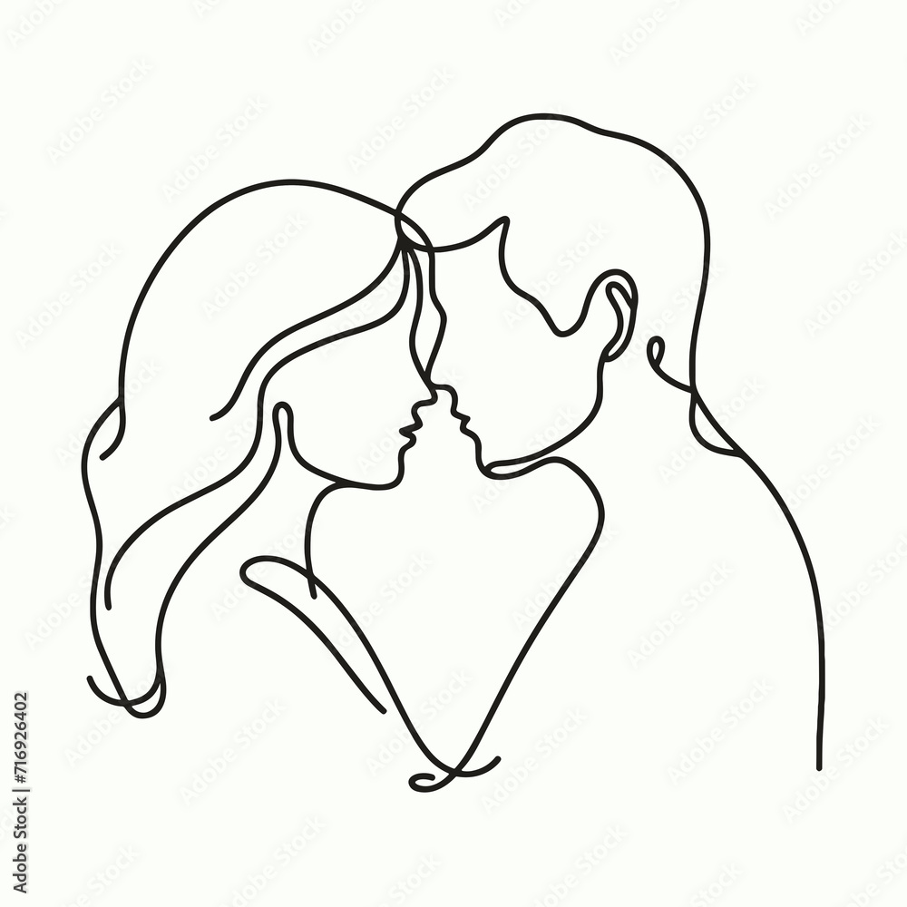 Linear Love Affair: Delicate Illustration of a Couple in Love, Comprising a Man and a Woman, Crafted with Black Thin Lines