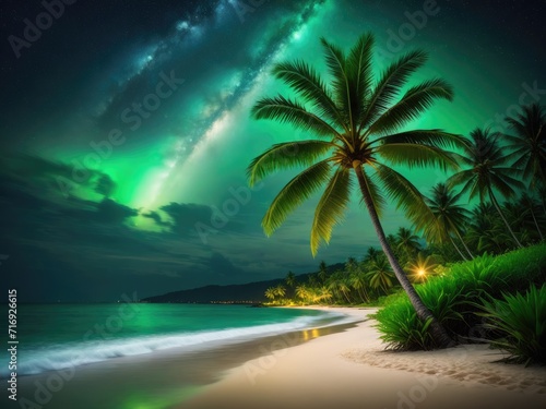 A nighttime seascape featuring coconut trees, a verdant lawn along the beach by ai generated