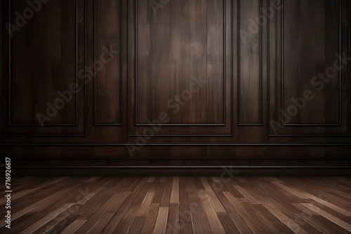 Dark brown wooden classic empty wall for your text or product product presentation with copy space, room mockup, brown parquet floor