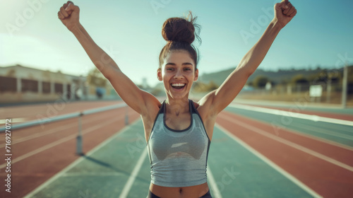 joyous woman with her arms raised in victory is celebrating on a track field with a sunset in the background © MP Studio