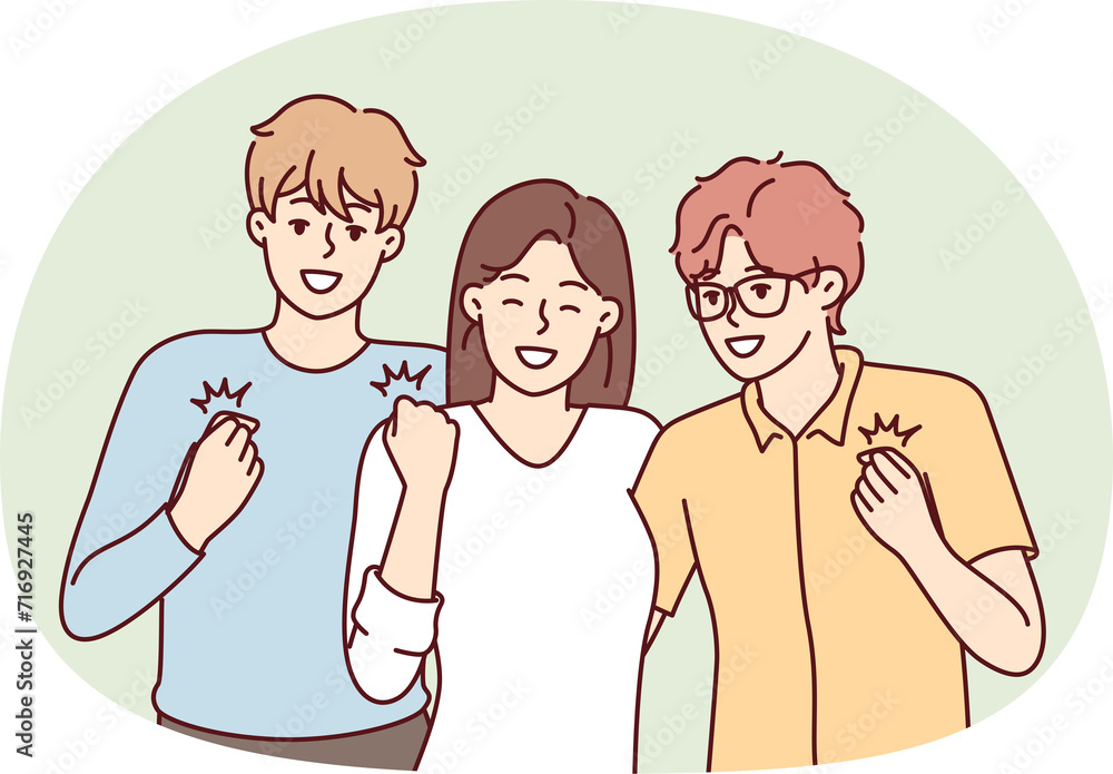 Girl and two guys with smile on faces make winning gesture rejoicing upcoming vacation. Vector image Girl and two guys with smile on faces make winning gesture rejoicing upcoming vacation. Vector image