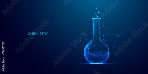 Science chemistry concept. Polygonal lab tube on technology blue background with chemical formula. Digital laboratory test. Science or Medical background. Abstract vector illustration with 3D effect.