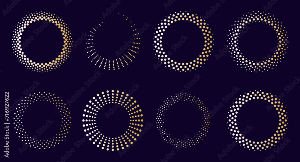 Golden dotted abstract frames set. Pop art halftone gradient backdrops in gold color. Dark background. Elegant and stylish elements for your designs. Golden dotted abstract frames set. Pop art halftone gradient backdrops in gold color. Dark background. Elegant and stylish elements for your designs.