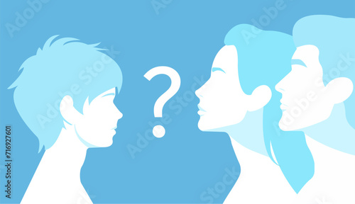 Profile portrait of family with a question mark in the center. Parents and son. Symbol of complexity and uncertainties of family relationships. Parenthood and family issues.
