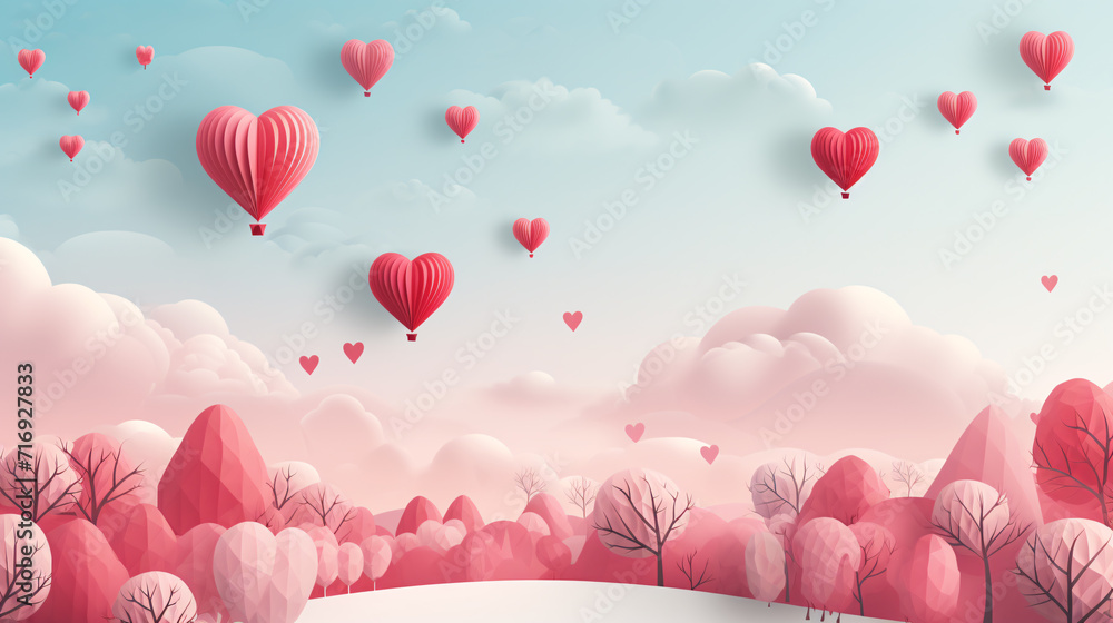 Pink heart shaped hot air balloons floating on the sky, romantic valentine concept.