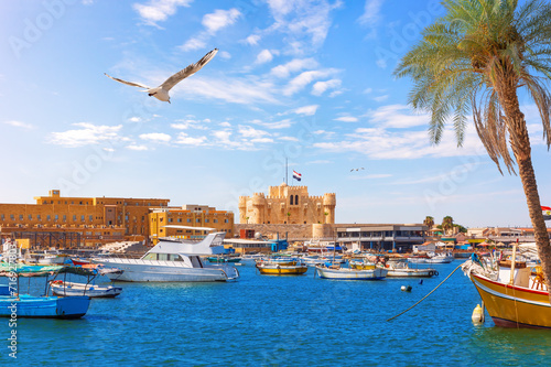 Qaitbay Fortress and Alexandria boat harbour, Mediterranean sea, Egypt