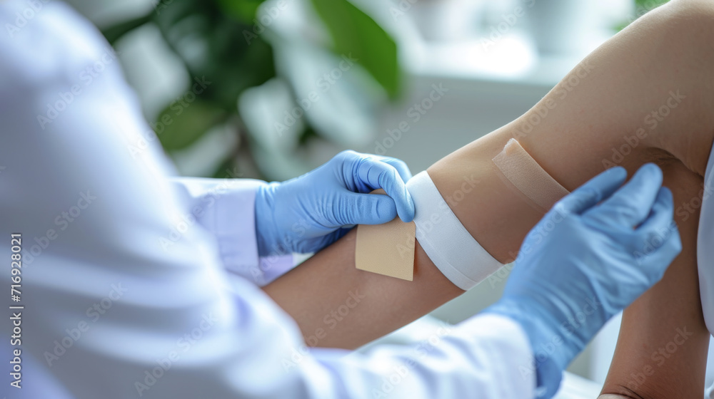 Obraz premium healthcare professional in blue gloves applying an adhesive bandage to someone's upper arm