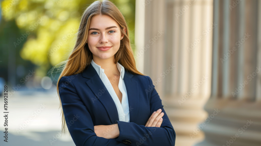 Confident young woman with a pleasant smile is standing arms crossed, wearing a professional business suit, with an out-of-focus academic or corporate building in the background. Confident young woman with a pleasant smile is standing arms crossed, wearing a professional business suit, with an out-of-focus academic or corporate building in the background.