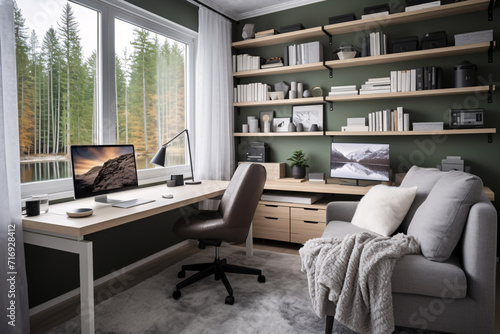 Cosy and stylish modern home office interior design  green colour office workspace.