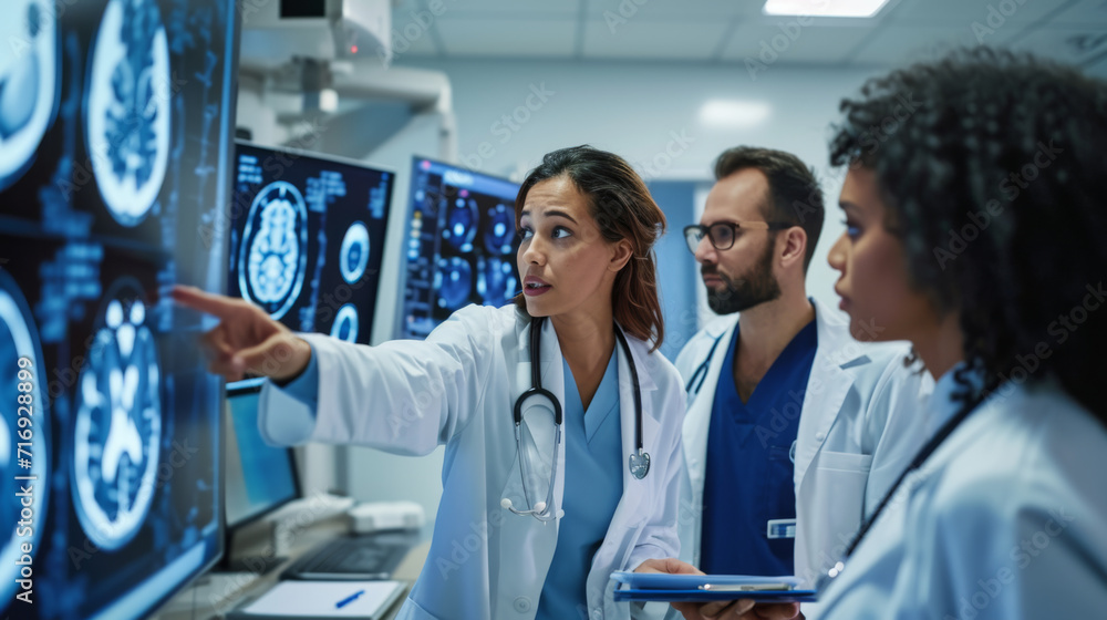 Group of medical professionals is intently examining a series of brain MRI scans displayed on a lightbox in a hospital or clinic setting. Group of medical professionals is intently examining a series of brain MRI scans displayed on a lightbox in a hospital or clinic setting.