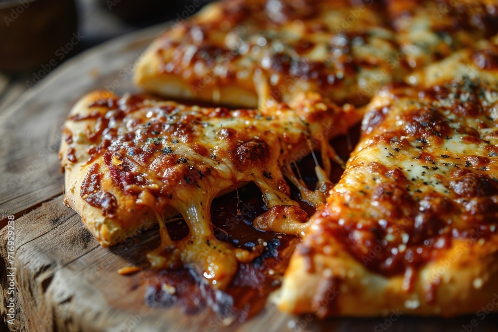 Pizza with mozzarella cheese and herbs on a wooden background. Quattro Formaggi Pizza. Four cheese Pizza. Cheese Pull. Pizza on a Background with copyspace.