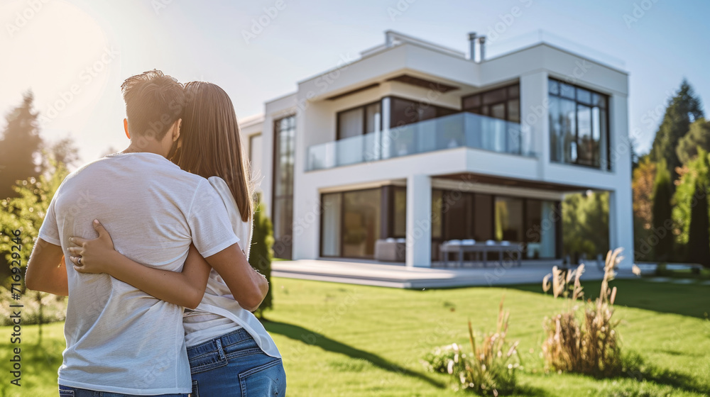 couple standing on a lawn and embracing as they look towards a modern new house