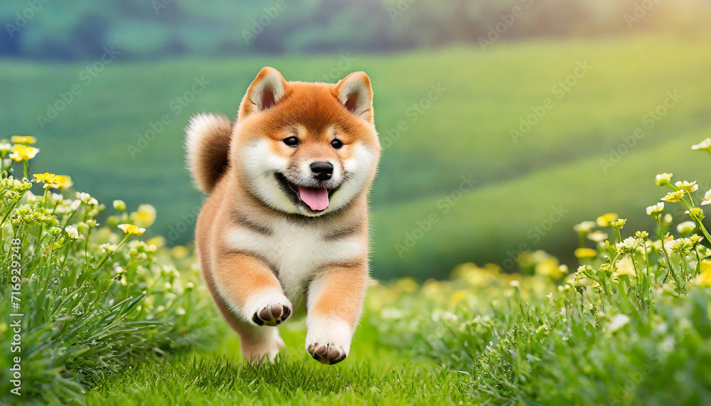 A dog shiba inu puppy with a happy face runs through the colorful lush spring green grass