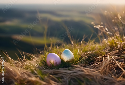 Two pastel-colored Easter eggs in grass with a soft-focus landscape in the background during golden hour.