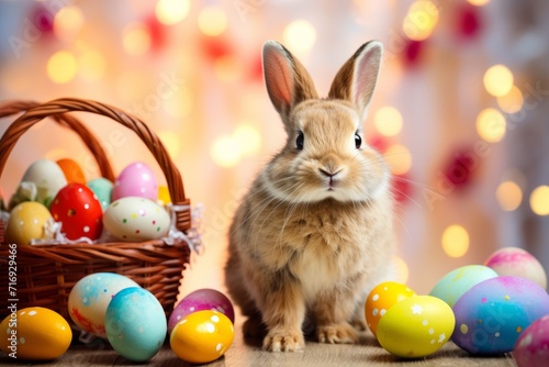 Cute hare rabbit sits near a basket with colorful eggs on the eve of Easter celebrations against blurred bright background