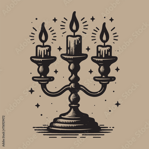 Antique candlestick with three candles. Black vintage Engraving vector illustration. Icon, logo, emblem. isolated object