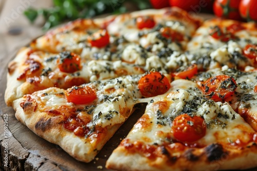 Pizza with mozzarella cheese and herbs on a wooden background. Quattro Formaggi Pizza. Four cheese Pizza. Cheese Pull. Pizza on a Background with copyspace.