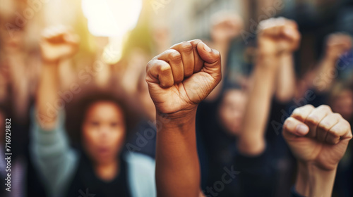 raised fists prominently centered against a blurred background.
